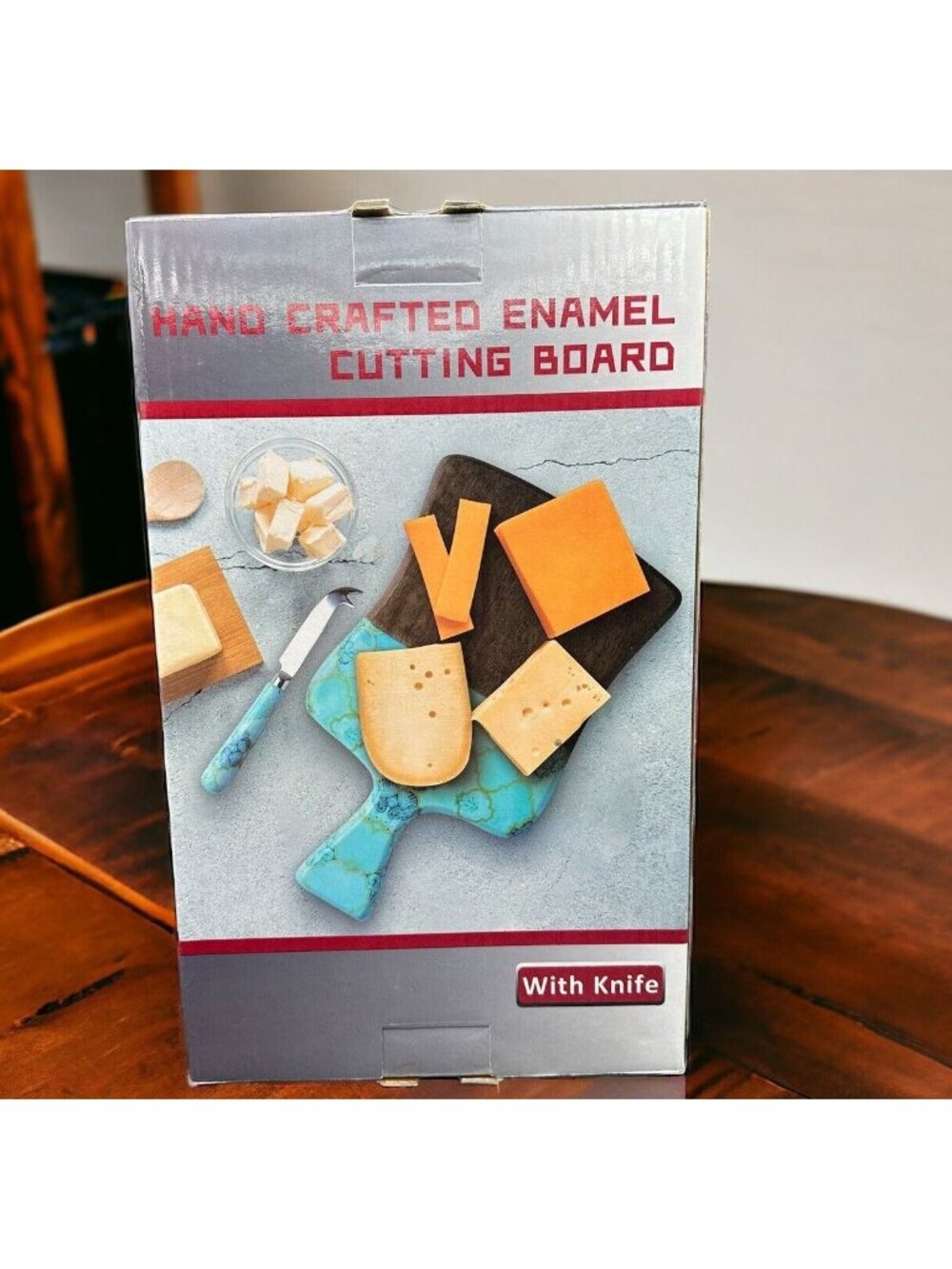 Hand Crafted Turquoise Enamel Cheese Board & Matching Knife Wood Serving Board